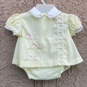 Vintage Yellow Baby Dress Set Plastic Pants Embroidered Dogs Sz 6/12M